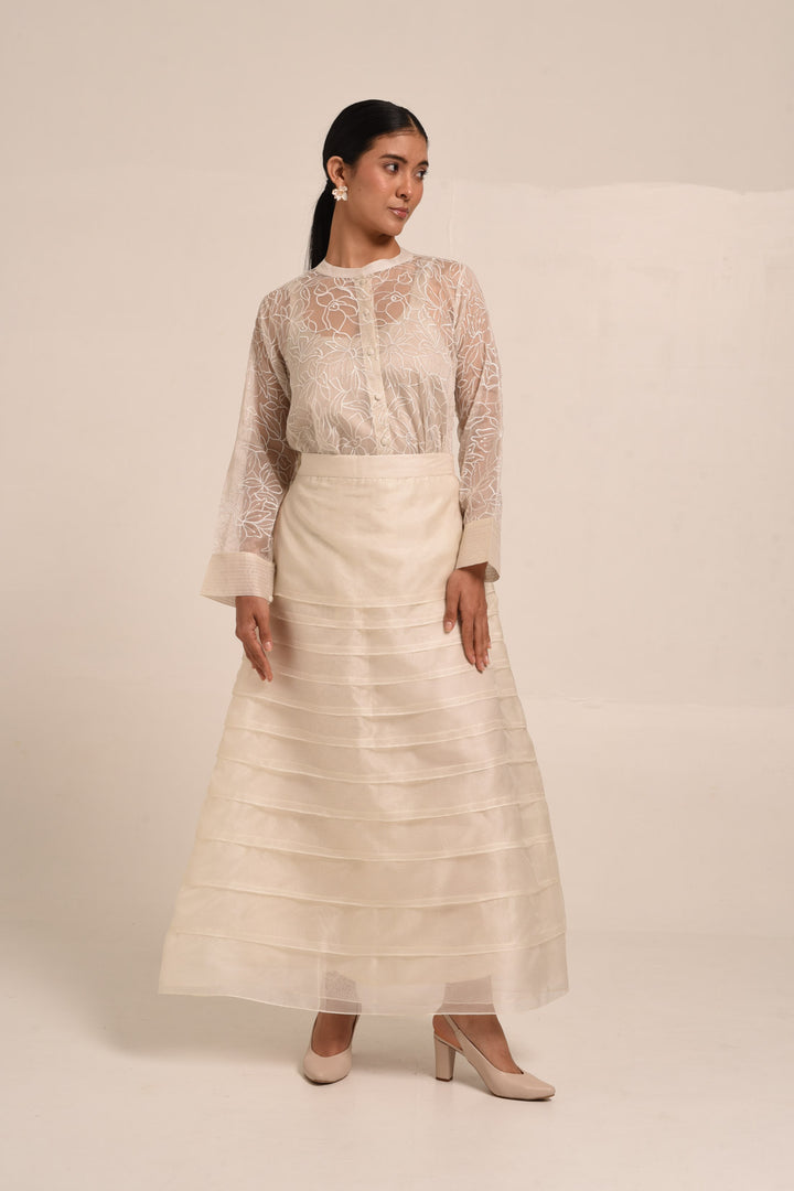 PERÚ ECRU  RUFFLED SILK ORGANZA BAR BLOUSE