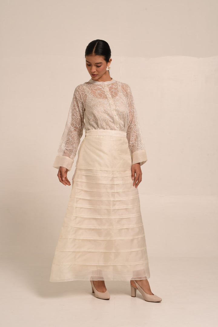 PERÚ ECRU  RUFFLED SILK ORGANZA BAR BLOUSE