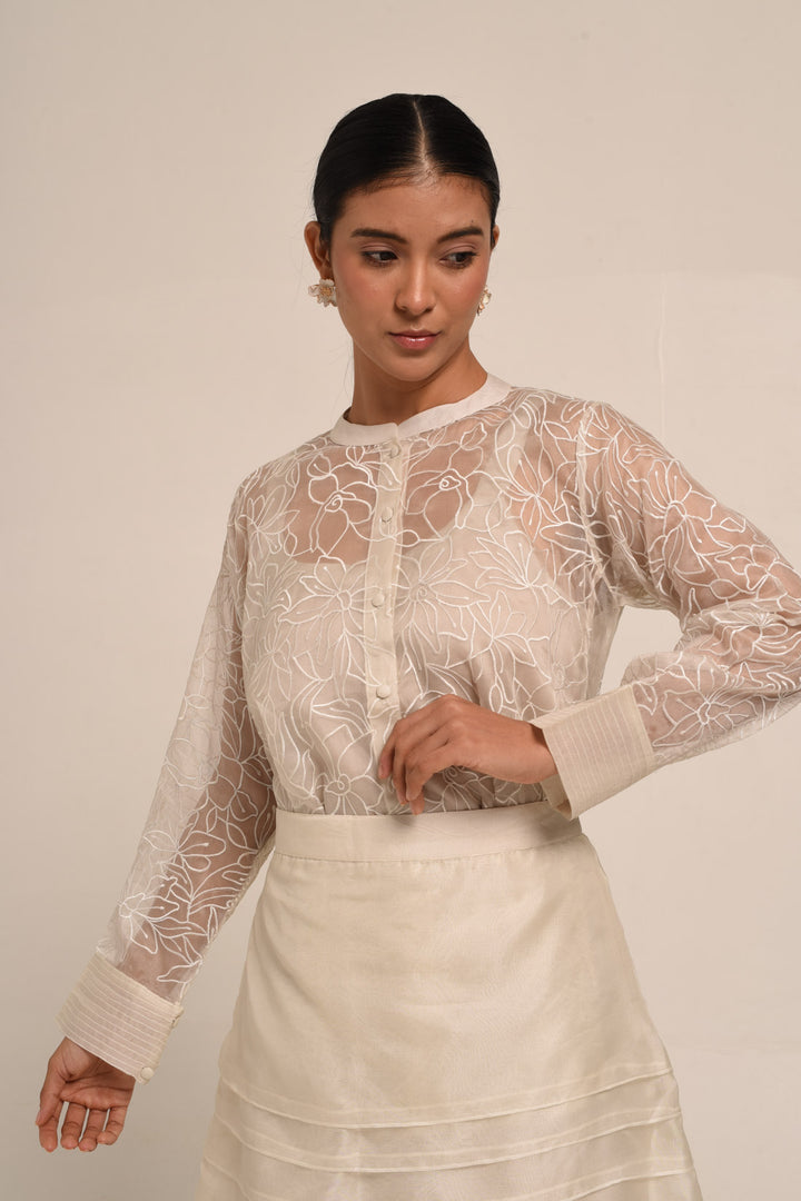 PERÚ ECRU  RUFFLED SILK ORGANZA BAR BLOUSE