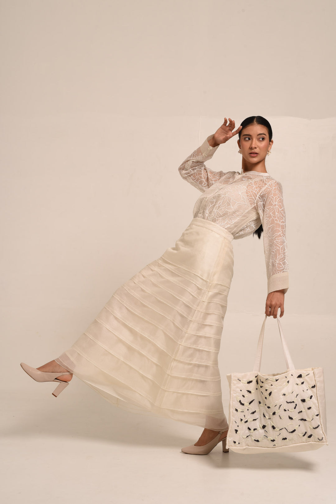 PERÚ ECRU  RUFFLED SILK ORGANZA BAR BLOUSE