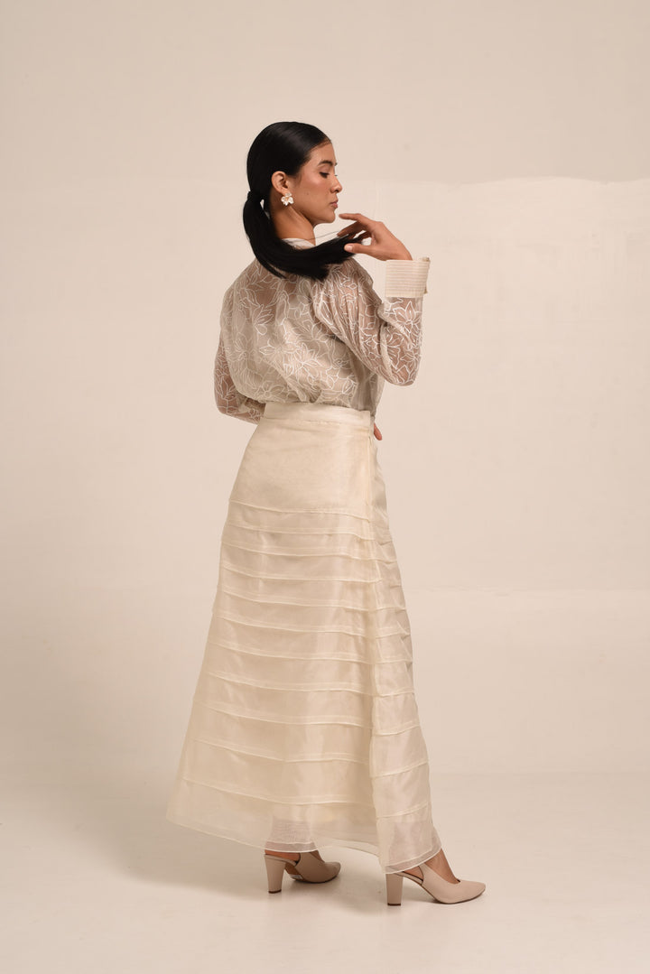 PERÚ ECRU  RUFFLED SILK ORGANZA BAR BLOUSE